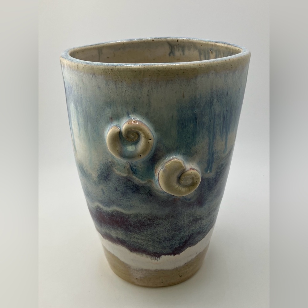 NWT Handcrafted Wheel Thrown and Altered Ceramic Cool-toned Vase with Shells
